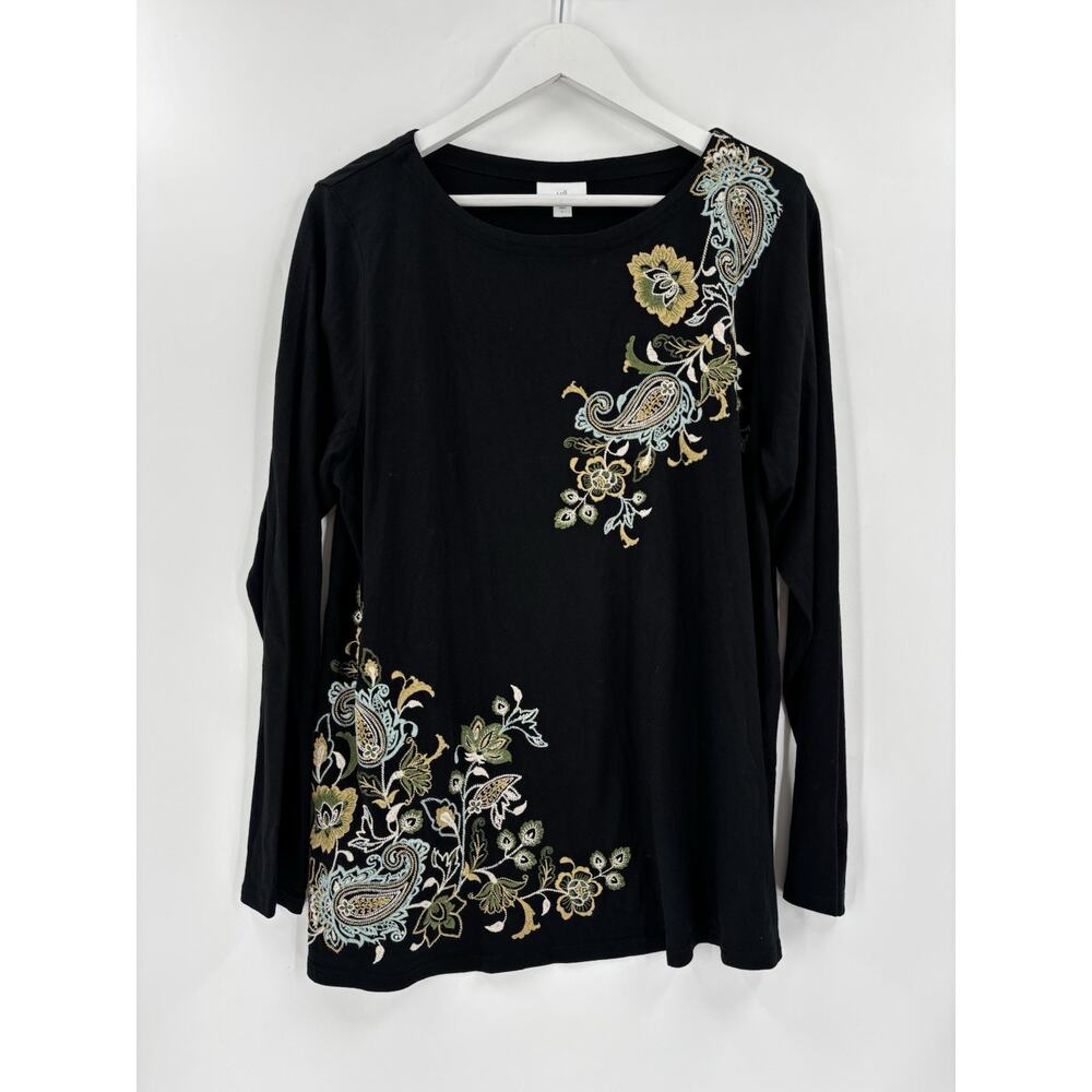 J. Jill Blouse Womens Large Black Floral Paisley Embroidered Pullover Cotton